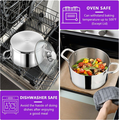 5 Quart Tri-Ply Stainless Steel Stock Pot, Cooking Pot with Lid | 5 Qt Stockpot for Soup Pasta Vegetable, Induction Cookware for All Stoves, Sturdy & Double Handle, Oven & Dishwasher Safe7