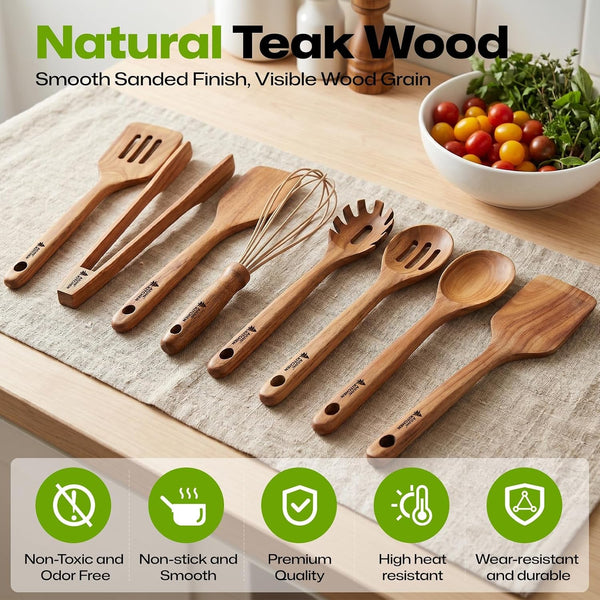 Wooden Spoons for Cooking, 8-Piece Teak Wood Kitchen Utensils for Nonstick Cookware, Heat Resistant Wooden Cooking Utensils Set with Smooth Finish, Long Handle Wooden Spatula Tongs Whisk Set5