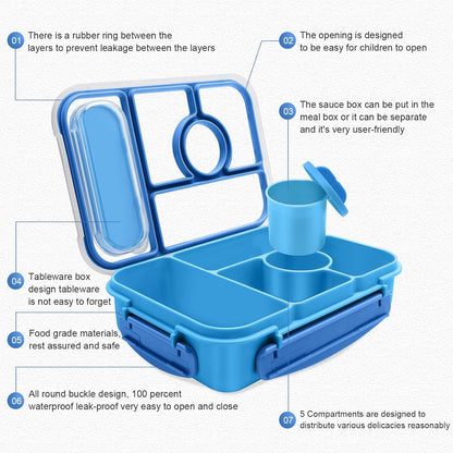 Bento Box Adult Lunch Box Kids,Lunch Containers for Adults/Kids/Toddler,5 Compartments Bento Lunch Box with Sauce Vontainers,Microwave & Dishwasher & Freezer Safe,Bpa-Free (Blue)2