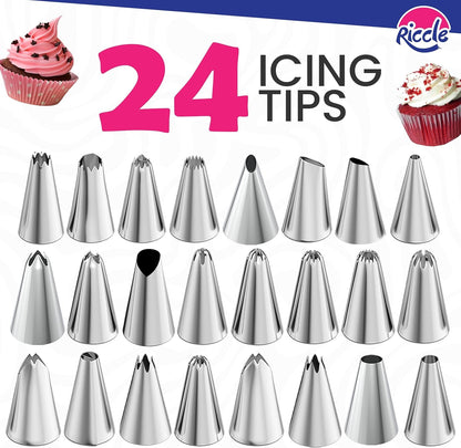 88 Pc Cake Decorating Kit & Cake Turntable -Piping Bags and Tips Set | Includes 50 Disposable + 2 Reusable Piping Bags, 24 Icing Piping Tips, 2 Spatulas, 3 Icing Comb Scraper, Baking Supplies8