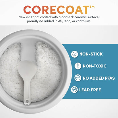 Corecoat™ Digital Rice Cooker (8 Cups Cooked) and Steamer with Nonstick Ceramic Rice Cooker Pot Coating and Pop-Up Steam Tray, 2 Quarts6