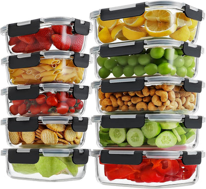 10-Pack Glass Meal Prep Containers, 36 Oz/14 Oz, Locking Lid Set1