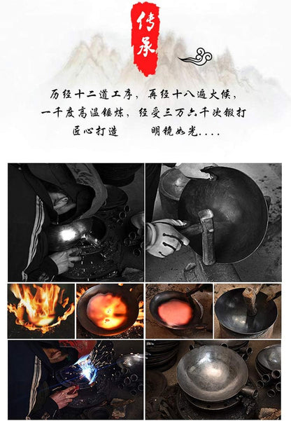 Chinese 100% Hand Hammered Iron Woks Stir Fry Pans, Non-Stick, No Coating, Less Oil, 36CM, Black Seasoned Wooden Handle4