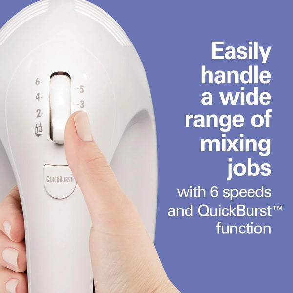 6-Speed Electric Hand Mixer with Easy Clean Beaters | Traditional Beaters | Dough Hooks | Whisk | Snap-On Storage Case | 275 Watt Motor | White | 62636J6