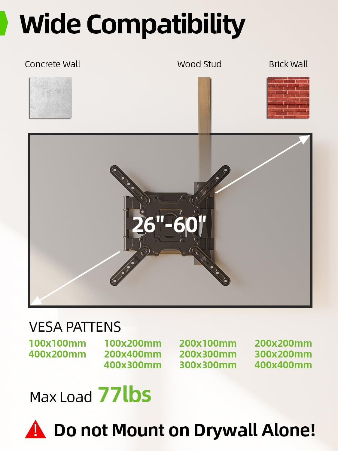 tv-wall-mount-for-most-26-60-inch-tvs-up-to-77-lbs-full-motion-wall-mount-tv-bracket-with-swivel-tilt-single-stud-design-for-corner-max-vesa-400x400mm-fit-most-32-40-42-43-50-55-60-tvs