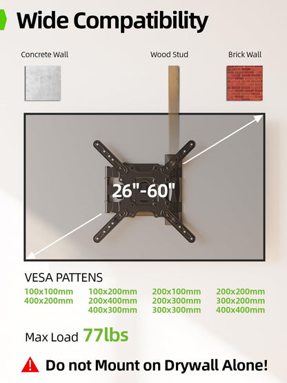 TV Wall Mount for Most 26-60 Inch Tvs up to 77 Lbs, Full Motion Wall Mount TV Bracket with Swivel Tilt Single Stud Design for Corner, Max VESA 400X400Mm Fit Most 32 40 42 43 50 55 60 Tvs2