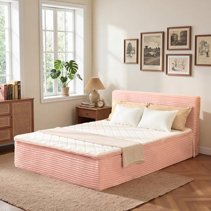 Queen Boneless Bed Frame with Mattress, 16 Inch Memory Foam Mattress with Plush Fabric Upholstered Bed Frame Platform, No Assembly Required,Cool Night & Relieve Pressure with Medium Support, Pink3