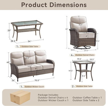8 Pieces Luxury Outdoor Patio Furniture Set with 6-Inch Thick Cushions, Wicker Outdoor Furniture with High Back Swivel Patio Chairs Set of 4, Patio Conversation Set for Deck Garden Porch, Beige9