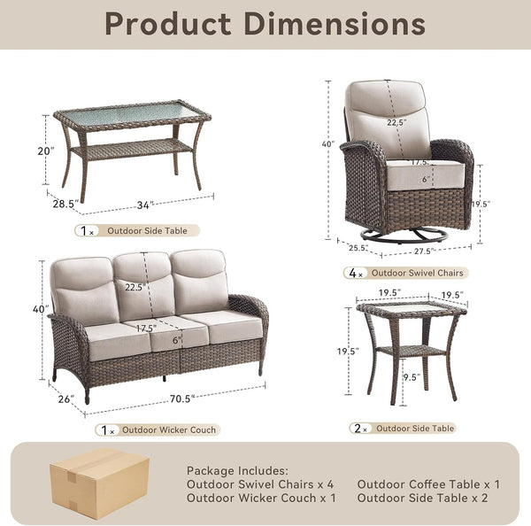 8 Pieces Luxury Outdoor Patio Furniture Set with 6-Inch Thick Cushions, Wicker Outdoor Furniture with High Back Swivel Patio Chairs Set of 4, Patio Conversation Set for Deck Garden Porch, Beige9
