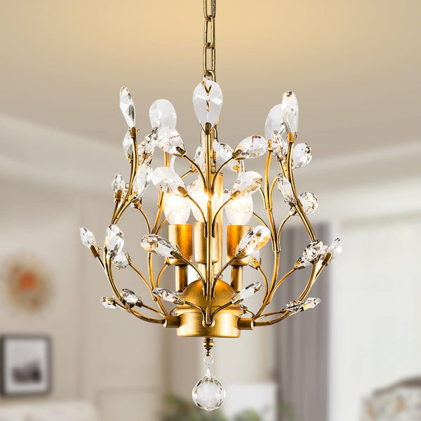 3-Light Crystal Chandelier, 13 Inch Gold Hanging Fixture1