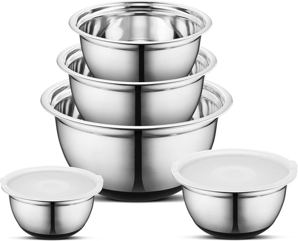 Premium Stainless Steel Mixing Bowls with Lids Non-Slip, Set of 5 Mixing Bowl Set with Silicone Base, Space Saving, Great for Cooking, Baking, Prepping (0.25Qt, 1Qt, 1.5Qt, 3Qt, 5Qt)3