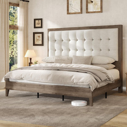 Solid Wood King Bed Frame 50.2" Upholstered Headboard, Ash Gray1