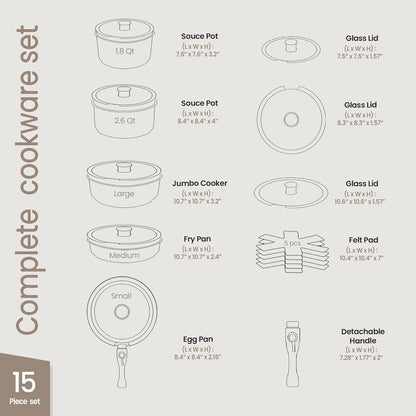 Bakken 15-Piece Non-Stick Cookware Set with Detachable Handles – Granite Stackable Pots and Pans Set, Dishwasher Safe, Oven-Safe, and Compatible Kitchen Essential for All Stoves – Cream2