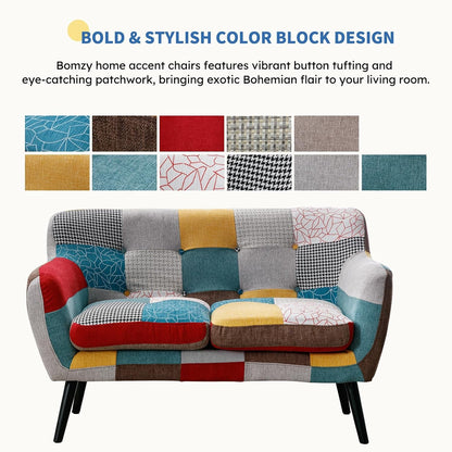 Modern Boho Loveseat Couch Sofa Chair for Living Room Bedroom, Upholstered Colorful Plaid Fabric 2-Seat Love Seat Sofa with Wood Leg for Small Space, One Loveseat3
