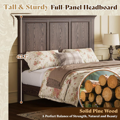Solid Wood Queen Bed Frame with 65.2" High Headboard4