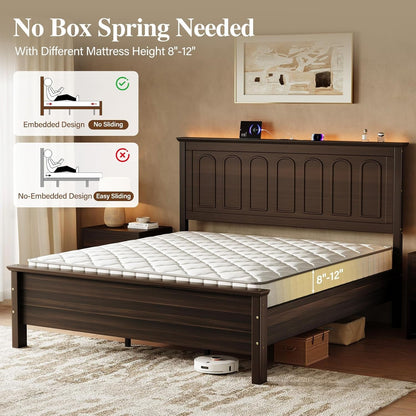 Queen Size Bed Frame with Headboard, Wood Platform Bed8