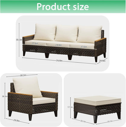 7 Piece Outdoor Patio Furniture Set, Wicker Rattan Sectional Sofa Set with Thick Cushions and High Backrest, All Weather Outdoor Conversation Set for Garden, Porch, Lawn, Poolside, Beige2
