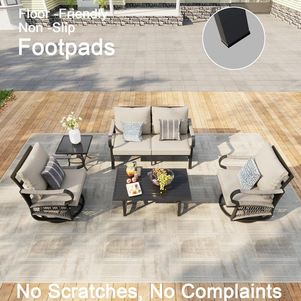 5 Pieces Outdoor Conversation Set, Rope Patio Furniture Sets Metal 2 Swivel Rockers with Side Table Loveseat Sofa with Coffee Table, Beige Cushions7