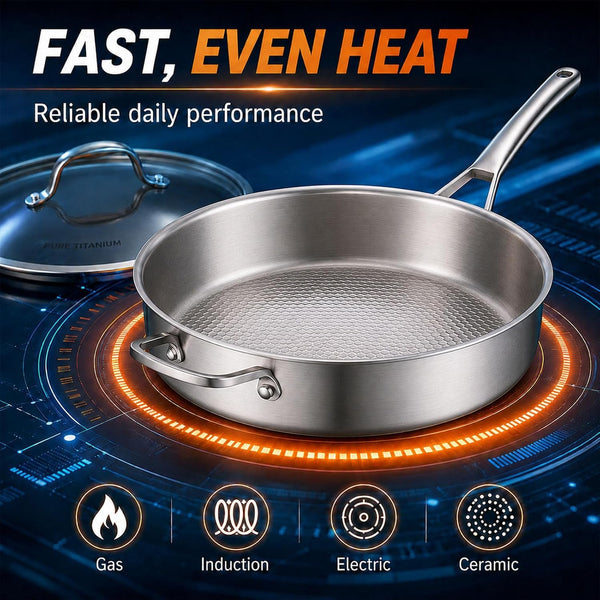 Titanium Frying Pan Pure with Lid, Uncoated Hammered Deep Skillet for Cooking, PFAS/PFOA/PTFE Free Nonstick Cookware, Scratch Resistant, for Induction & Gas, Oven, Dishwasher Safe,9.44In4