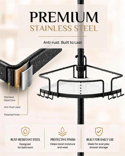 Two-Tone Corner Shower Caddy Tension Pole for Bath Shampoo Storage7
