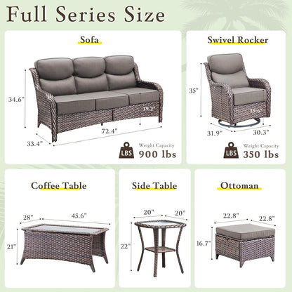 Luxury High Back Outdoor Furniture with 6-Inch Extra Thick Cushions, Patio Furniture Set with Swivel Chairs, 7 PCS Wicker Conversation Set for Yard, Deck, Poolside, Brown/Grey2
