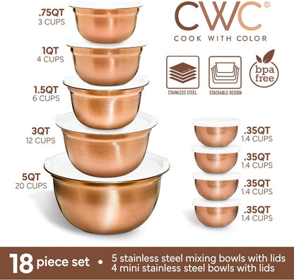 18 Piece Mixing Bowls Set with Airtight Lids, Stainless Steel Bowl Organizers, Food Storage Containers, Meal Prep, Nesting Salad Bowls for Cooking, Baking, Kitchen Use, Copper2