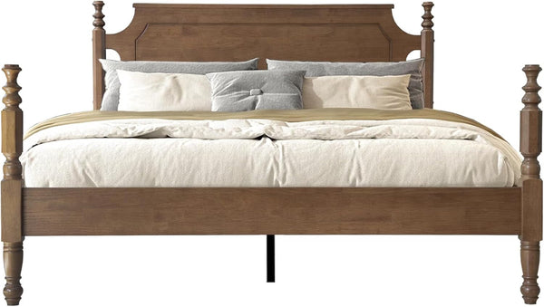 Solid Wood Queen Size Bed Frame with Headboard & Footboard, 12 Strong Slats, Center Metal Legs, Anti-Slip & Noise-Free Design, No Box Spring Needed, Quick Assemble, Barnwood Finish, ROQ-301