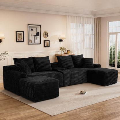 127" U Shaped Cloud Couch Modular Sectional Sofa, Comfy Fluffy Corduroy Black Boneless Sectional Couches for Living Room, Modern Cloud Sofas with Cup Holders & USB Port, Balck3