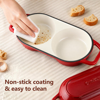 Double Dutch Oven for Sourdough Bread Baking, Enameled Cast Iron Loaf Pan with Lid, Bread Pan, Non-Stick Double round Loaf Space, 15.3Cm Diameter, Ideal for Home Bread Baking (Red)5
