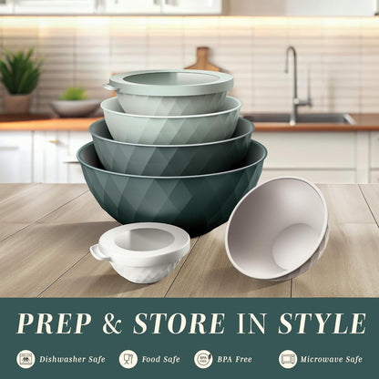 Mixing Bowls with Lids - 12 Piece Plastic Nesting Bowls Set Includes 6 Prep Bowls and 6 Lids, Microwave Safe Mixing Bowl Set, Green Diamond2