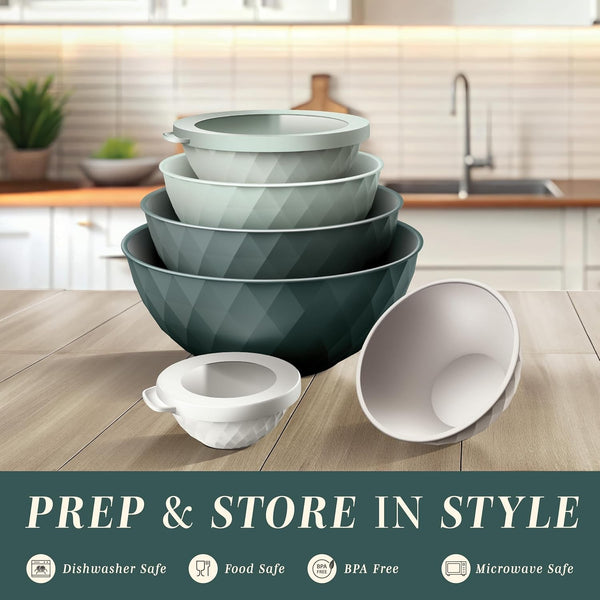 Mixing Bowls with Lids - 12 Piece Plastic Nesting Bowls Set Includes 6 Prep Bowls and 6 Lids, Microwave Safe Mixing Bowl Set, Green Diamond2