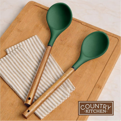 Non Stick Silicone Utensil Set with Rounded Wood Handles for Cooking and Baking, 8 Piece Set, Green7