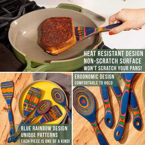 5Pc Wood Cooking Utensils Set - Wooden Spoons for Cooking – Pakka Wood Utensils for Cooking and Serving – Comfortable Grip and Non Stick (Blue Rainbow)2