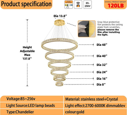Extra Large Ring Chandelier Modern LED Gold 6 Ring Chandelier for High Ceiling Long Stair Crystal Chandeliers D8+15.7"+23.6"+31.5"+39.4"+47.5"2