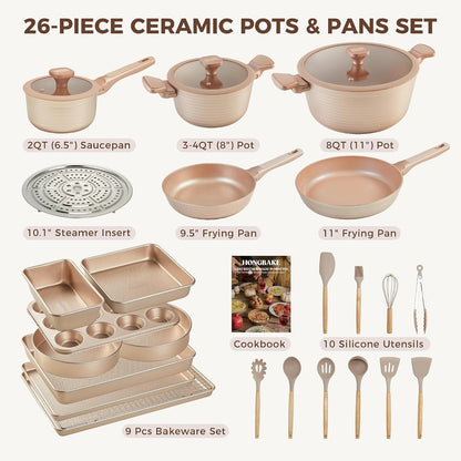 Pots and Pans Set Nonstick, 26 Pcs All-In-One Kitchen Starter Set with Cookware, Bakeware & Silicone Utensils, Non Toxic Ceramic Coating, Induction & Oven Safe, PFOA PFOS Free, Gold4