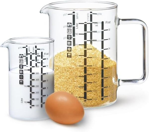 Glass Measuring Cup, Durable Borosilicate Glass, Pack of 2 Includes 32 Oz and 16 Oz Easy to Read Metric Measurements in Liter, Milliliter, Ounce, Sugar Grams, Drip Free Spout, Microwave Safe1