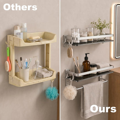 Glass Shelf for Bathroom 15.7 in Bathroom Shelves with Towel Bar Tempered Glass Shelves with 4 Removable Hooks for Wall（2 Tier）6