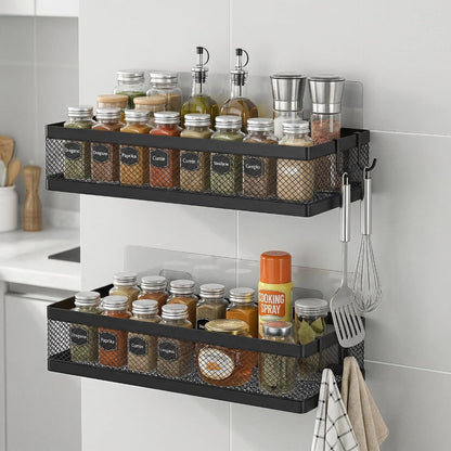 Mesh Shower Caddy Wall Mount, Heavy Duty Adhesive Bathroom Shelf Organizer, Rustproof Floating Spice Rack for Kitchen Pantry, Holds 50 LBS, Multi-Purpose Storage Black-2 Packs (Netting)9