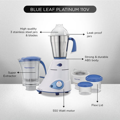 Blue Leaf Platinum 550 Watts 3 Jar Indian Mixer Grinder 110 Volts3