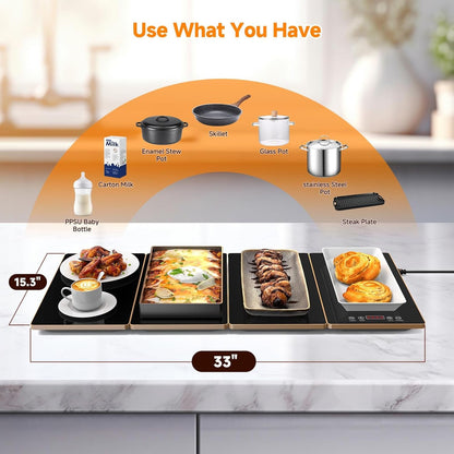 Electric Warming Tray, 4-In-1 Food Warmers for Parties Buffet with 10 Temp Settings and Timer, 33"X15" Glass Surface Warming Mat for Food, Modular Buffet Hot Plates for Catering and Gatherings6