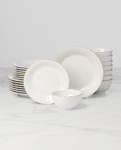 French Perle Groove White Stoneware 24-Piece Dinnerware Set for 85