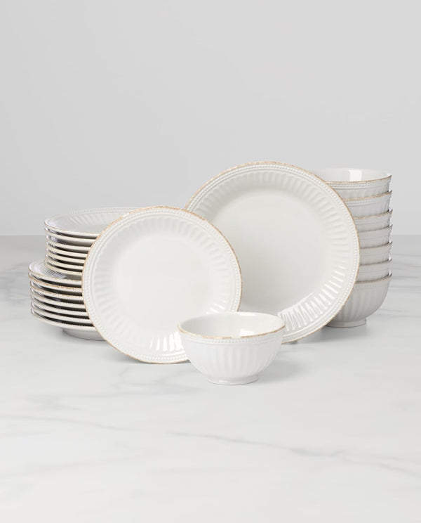 French Perle Groove White Stoneware 24-Piece Dinnerware Set for 85