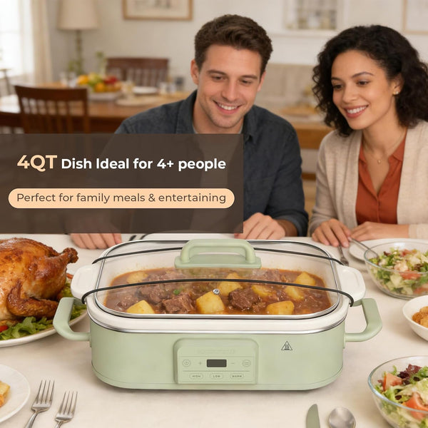 4 Quart Casserole Programmable Slow Cooker with Ceramic Baking Dish - Perfect Kitchen Small Appliance for Family Dinners, Oven Safe and Durable Bakeware for Lasagna, Roasts, Sage2