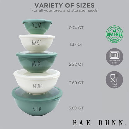 Mixing Bowls with Lids - 10 Piece Plastic Nesting Bowls Set Includes 5 Prep Bowls and 5 Lids (Sage)5