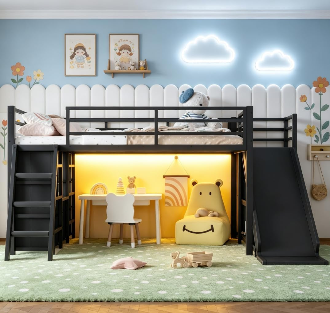 twin-low-loft-bed-with-slide-and-led-storage-drawers-and-hanging-area-2-assembly-methods-black