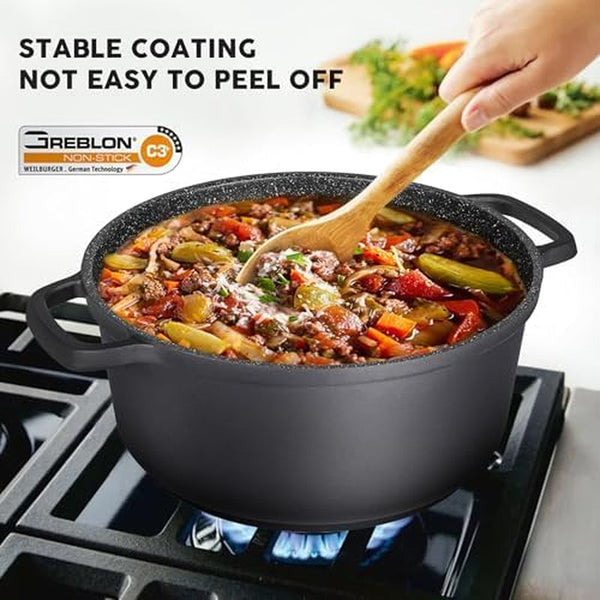 Large Dutch Oven Pot with Lid-7.5Qt Cast Aluminum Oven Pot with Two Handles Lightweight for Bread Baking Braising and Roasting(Black)4