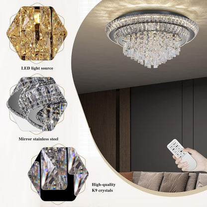 24" Flush Mount Crystal Chandeliers with Remote and App,Black Ceiling Light4