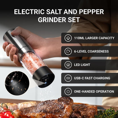 Electric Salt and Pepper Grinder Set, 110Ml Larger Rechargeable Automatic Salt and Pepper Mill Grinder with 6 Adjustable Coarseness, Electric Salt and Pepper Shakers, LED, 2 Packs, Black2