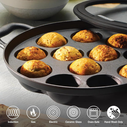 Utsava Pre-Seasoned Cast Iron 12-Hole Appam Pan | Appe Pan with Lid, Great for Paniyaram, Takoyaki and More2