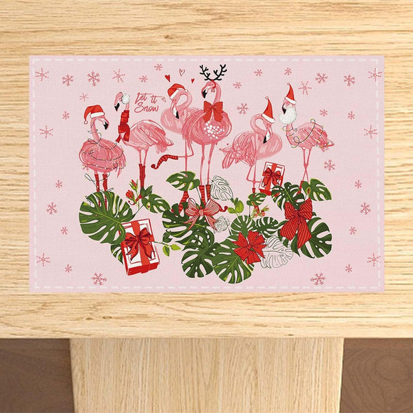 Linen Pink Christmas Placemats Set of 4 Hawaiian Tropical Flamingo Christmas Xmas Winter Holiday Home Kitchen Table Decorations2
